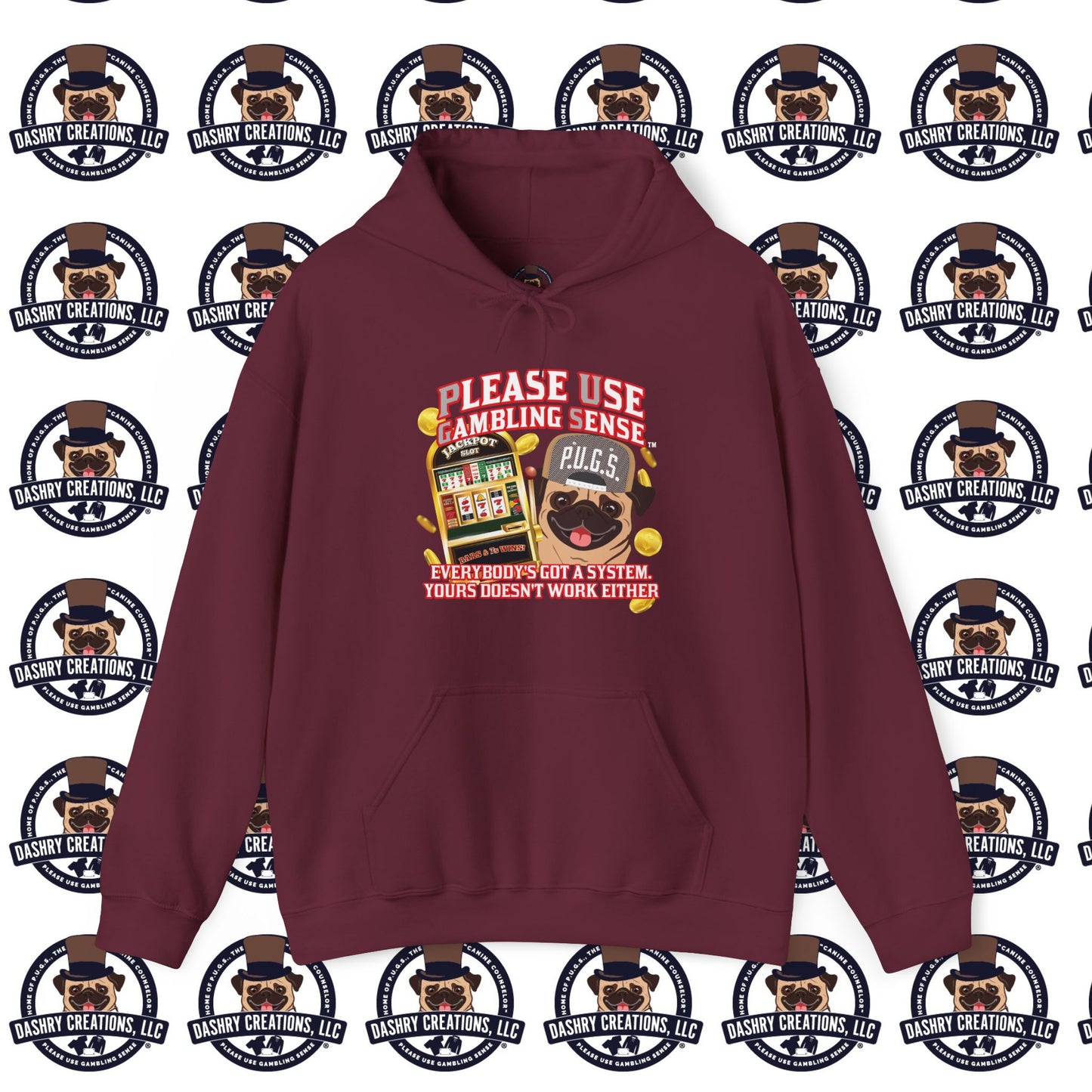 Slots “Everybody’s Got A System” Tan & White Backwards Baseball Cap Unisex Heavy Blend™ Hooded Sweatshirt