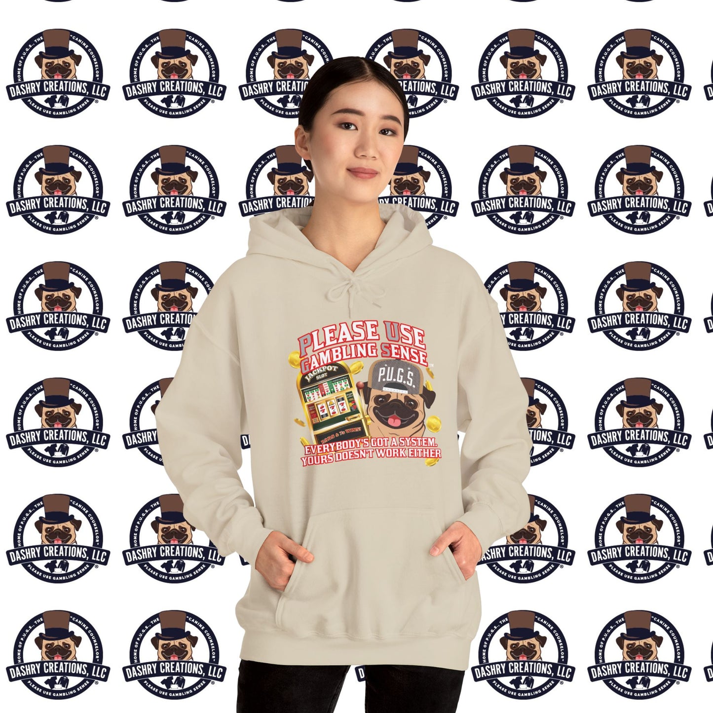 Slots “Everybody’s Got A System” Tan & White Backwards Baseball Cap Unisex Heavy Blend™ Hooded Sweatshirt