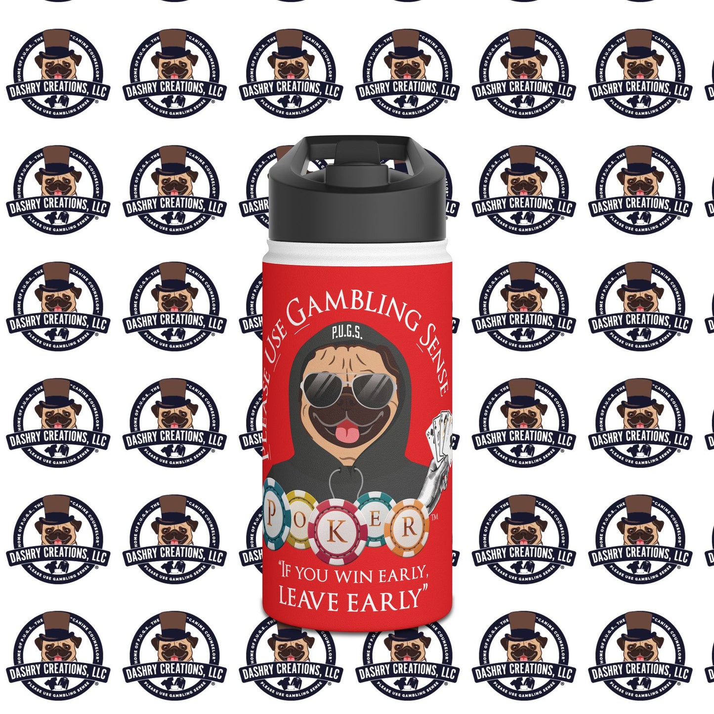 Poker “Win Early Leave” Early Black Hoodie Stainless Steel Water Bottle, Standard Lid