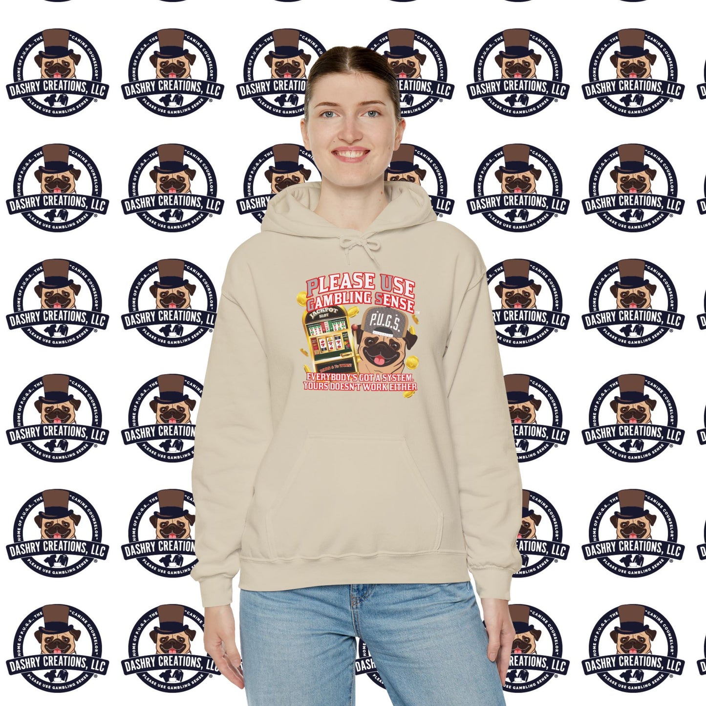 Slots “Everybody’s Got A System” Tan & White Backwards Baseball Cap Unisex Heavy Blend™ Hooded Sweatshirt