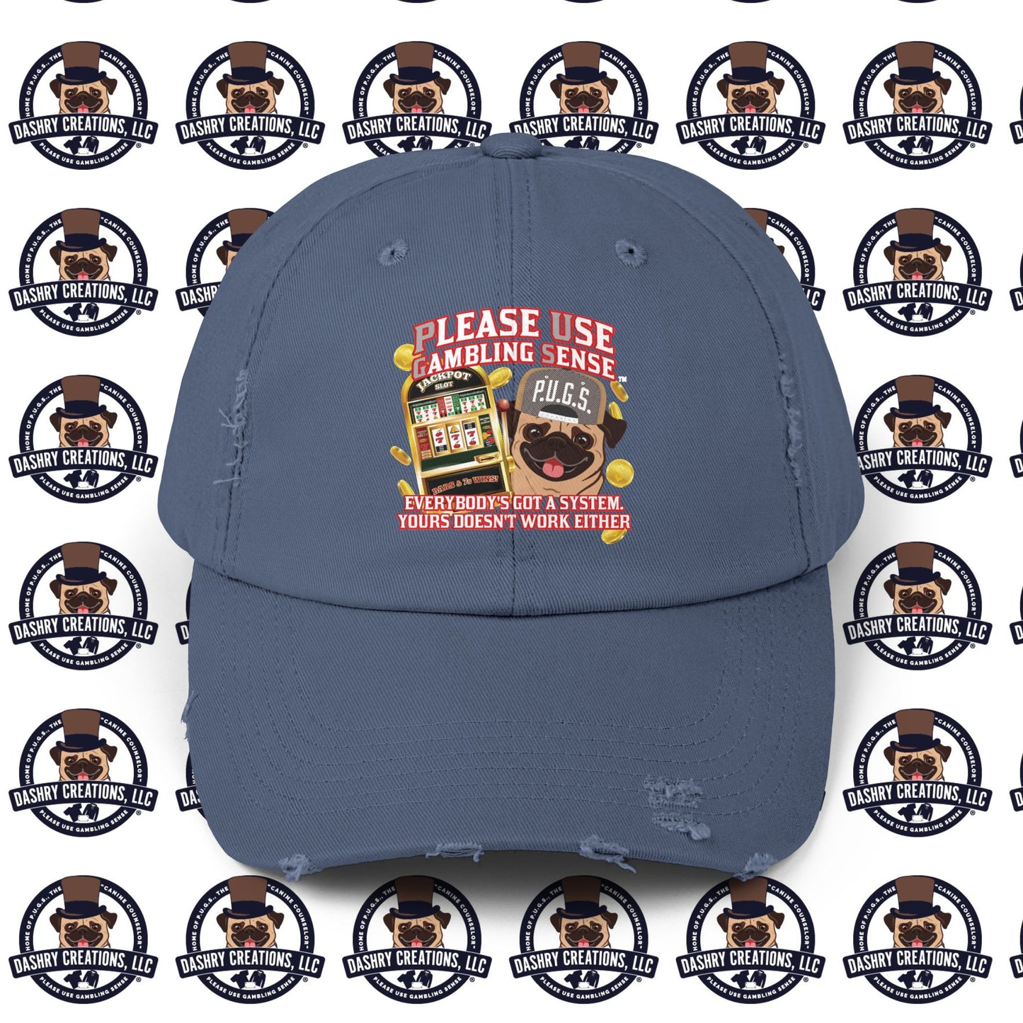 Slots “Everybody’s Got A System” Tan & White Backwards Baseball Cap Unisex Distressed Cap
