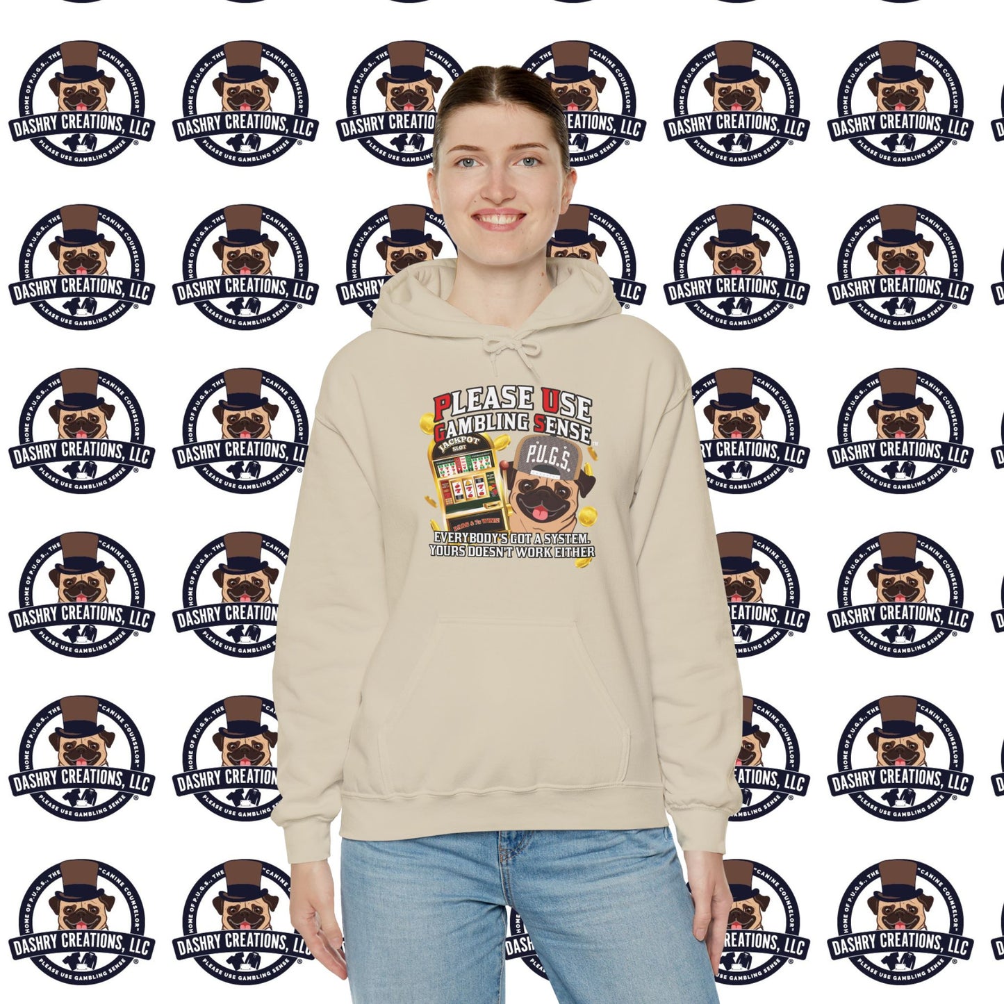 Slots “Everybody’s Got A System” Tan & White Backwards Baseball Cap Unisex Heavy Blend™ Hooded Sweatshirt