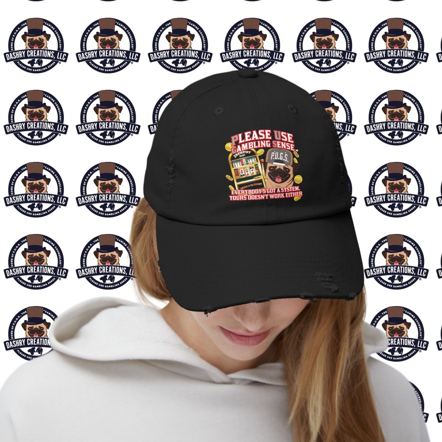 Slots “Everybody’s Got A System” Tan & White Backwards Baseball Cap Unisex Distressed Cap