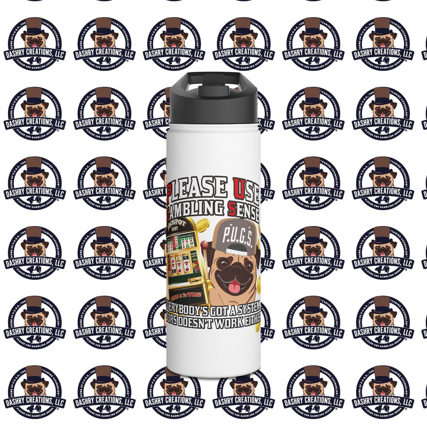 Slots “Everybody’s Got A System” Tan & White Backwards Baseball Cap Stainless Steel Water Bottle, Standard Lid