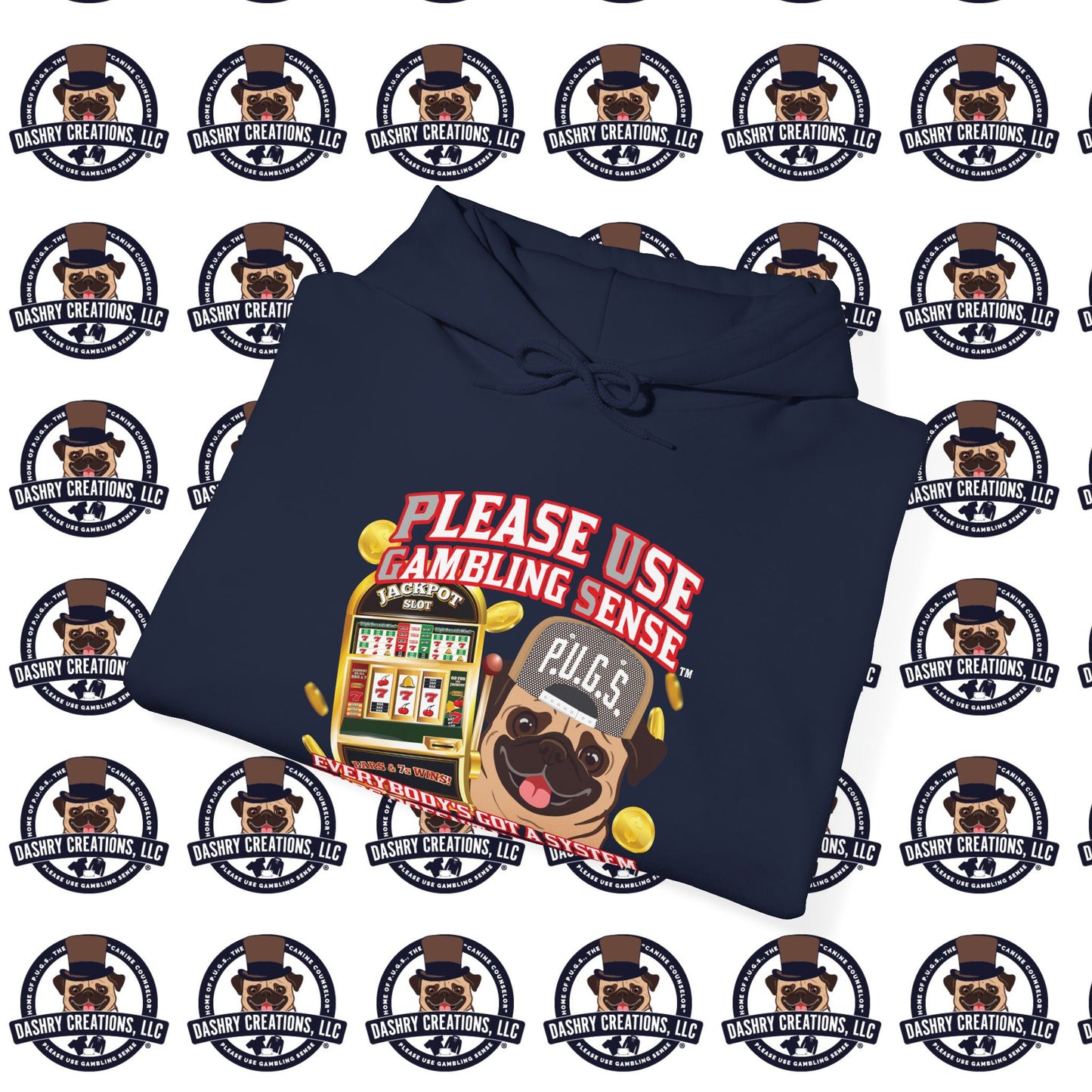Slots “Everybody’s Got A System” Tan & White Backwards Baseball Cap Unisex Heavy Blend™ Hooded Sweatshirt