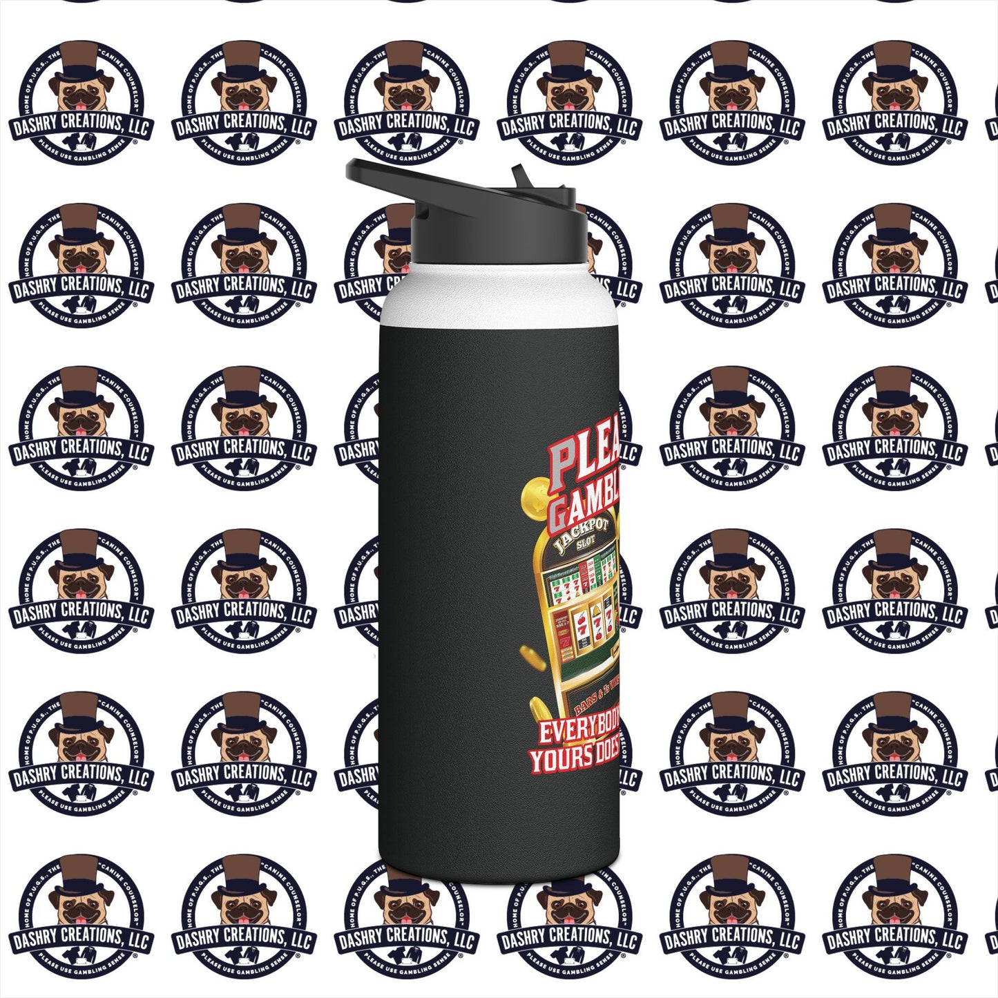 Slots “Everybody’s Got A System” Tan & White Backwards Baseball Cap Stainless Steel Water Bottle, Standard Lid