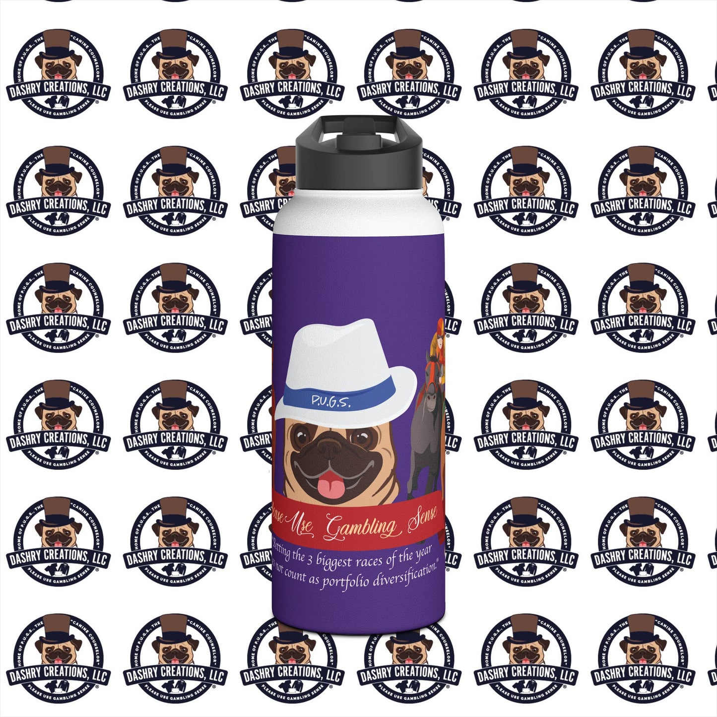 Horse Racing “Portfolio Diversification” White with Blue Band Men’s Fedora Hat Stainless Steel Water Bottle, Standard Lid