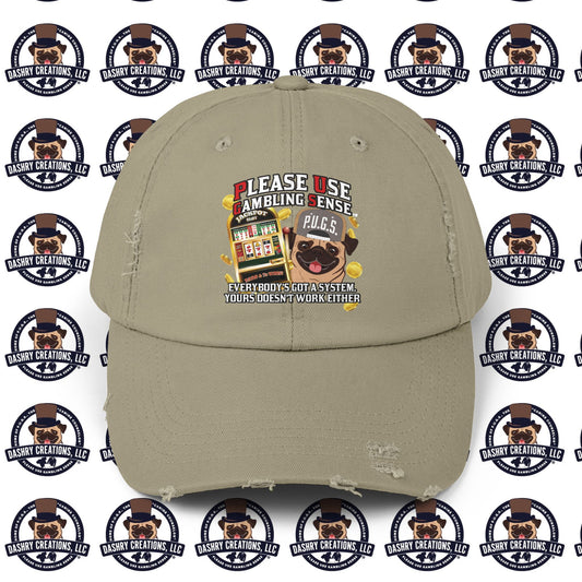 Slots “Everybody’s Got A System” Tan & White Backwards Baseball Cap Unisex Distressed Cap