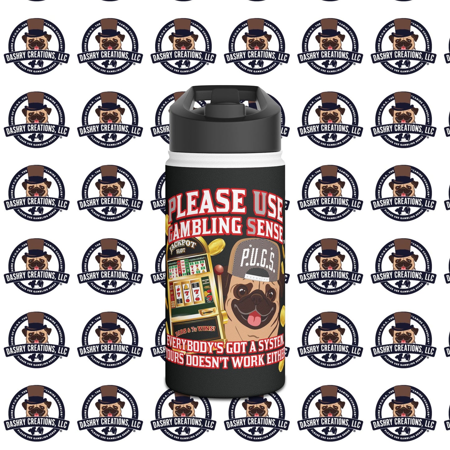 Slots “Everybody’s Got A System” Tan & White Backwards Baseball Cap Stainless Steel Water Bottle, Standard Lid