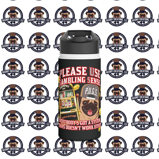 Slots “Everybody’s Got A System” Tan & White Backwards Baseball Cap Stainless Steel Water Bottle, Standard Lid
