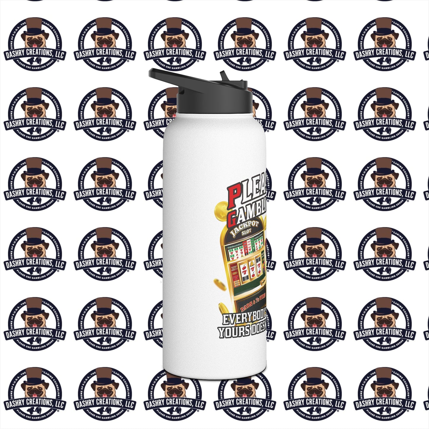 Slots “Everybody’s Got A System” Tan & White Backwards Baseball Cap Stainless Steel Water Bottle, Standard Lid