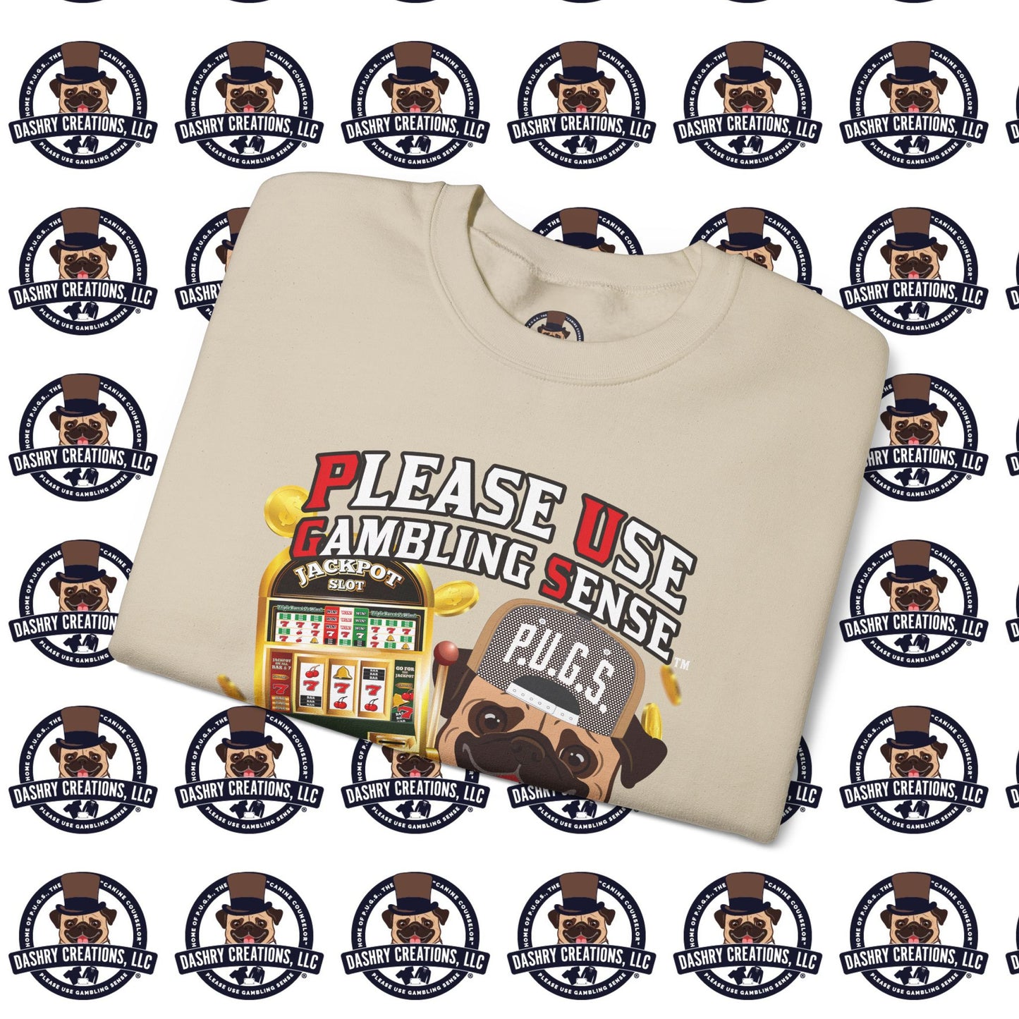 Slots “Everybody’s Got A System” Tan & White Backwards Baseball Cap Unisex Heavy Blend™ Crewneck Sweatshirt